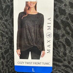 Max & Mia Women's Cozy Front Twist Tunic Top Size L Charcoal Animal Print (NEW)